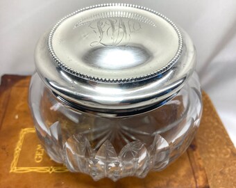 Antique Dresser Jar Large Cut Crystal With Sterling Silver Lid, Monogrammed LW, ca. 1900