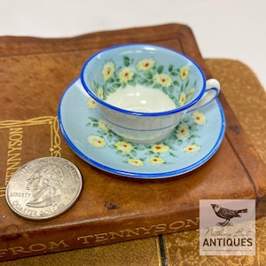 Puede incluir: Una pequeña taza de té azul y blanca con un diseño floral. El platillo tiene un borde azul y la taza de té tiene un borde azul y un interior blanco. La taza de té y el platillo están sobre un libro de cuero marrón.