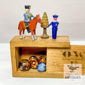 Antique Early Erzgebirge Miniatures, Soldier on Horse, Navy Seaman, Tree & Bennington Marbles in Wood Crate, ca. 1920s - 30s