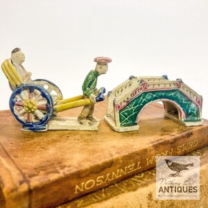 Antique Chinese Pottery Mudman on Rickshaw Figurine With Bridge, Marked CHINA, Set of 2, ca. 1900s - 30s