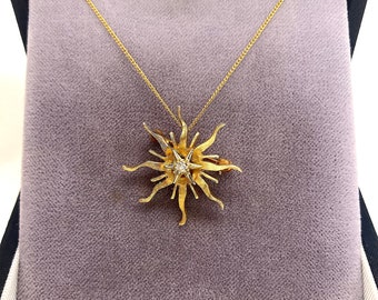 Vintage MCM 14K Gold and Diamond Starburst Pendant Brooch, ca. 1970s