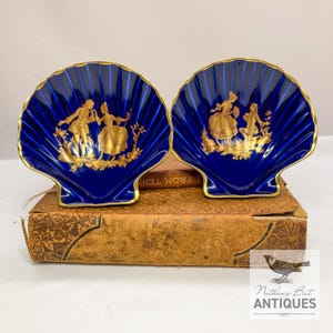 Vintage Limoges Schalenteller, Liebespaare Kobaltblau mit Goldvergoldung, 2er Set, ca. 1970er Jahre