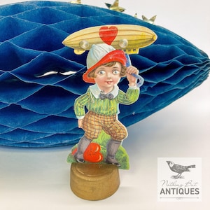 Antique Patriotic Crepe Paper Honeycomb Zeppelin With Mechanical Zeppelin Valentine, VERY RARE Set of 2, ca. 1917 - 20s