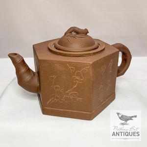 Vintage Chinese Yixing Zisha Clay Hexagonal Teapot, Inscribed, ca. 1980