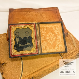 Antique Victorian Tin Type of Couple, Set in Embossed Leather Case With Gold Foil Frame, ca. 1800s