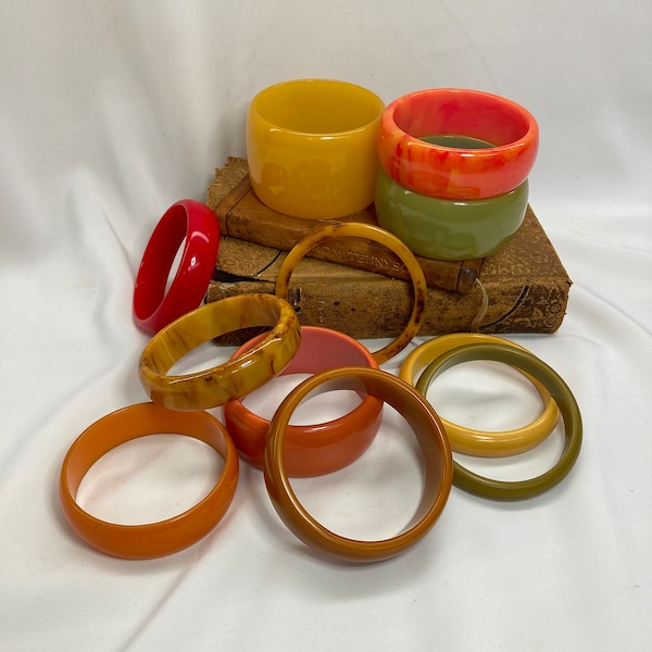 Antique Vintage Bakelite Bangle Bracelets, Butterscotch, Tangerine, And More, ca. 1920s - 1940s