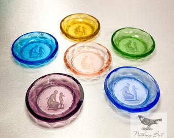 Antique Salt Dips, Art Deco Intaglio Glass, Lady With Cherub, Multicolored Set of 6, ca. 1910 - 20s