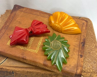 Antique Bakelite Carved Sweater Scarf Coat Pins Clips or Clasps Art Deco MCM, Set of 3, ca. 1930s - 1940s