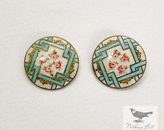 Antique French Champleve Enameled Buttons, Hand Painted Roses, Matched ...