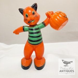 Vintage Halloween Rosbro Plastic Cat Candy Container, RARE Green & Black Striped With Jack-o-Lantern, ca. 1950s