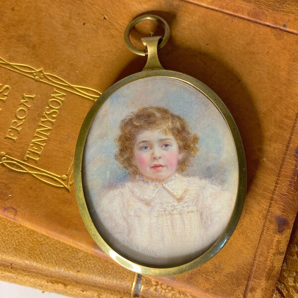 Antique Victorian Hand Painted Miniature Portrait of a Child, Brass and Glass Case, Signed Emilie White, ca. 1901