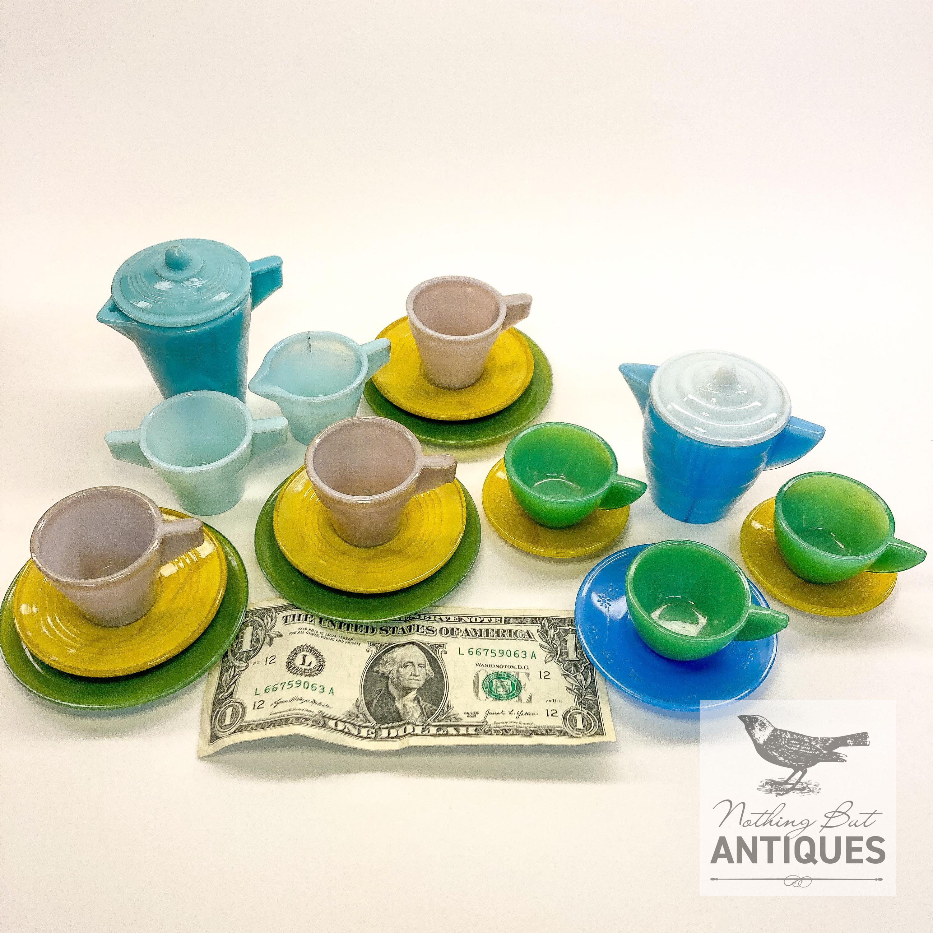 Antique Art Deco Akro Agate Children's Coffee/tea Sets With Pots