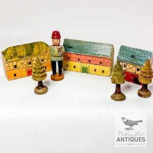 Antique Early Erzgebirge Miniatures, Policeman, Tudor Houses & Trees, ca. 1920s - 30s