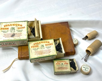 Antique Pflueger Fishing Hooks With Boxes and Wooden Hook Cases Ca. 1940s 