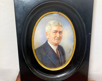 Antique Miniature Portrait Hand Painted Gentleman, Late Victorian Era, Wood and Convex Glass Frame, By J. Kozany, ca. 1900 - 1910s