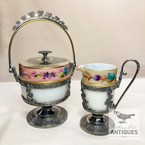 Antique Victorian Hand Blown & Painted Glass Creamer and Sugar Bowl With Metal Inserts, Middletown Plate Co., ca. 1880 - 1900