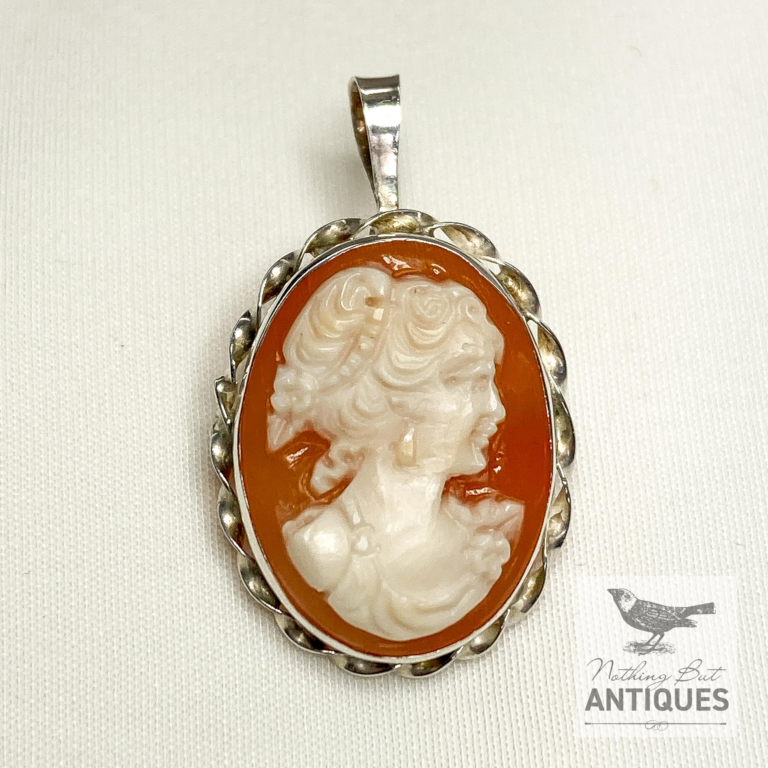 Antique Edwardian Carved Shell Cameo Brooch Pin Pendant, Sterling ...