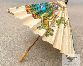 Antique Asian Marriage Union Wagasa Umbrella, Dragon & Phoenix, Hand Painted Multicolor Oil Cloth, 26 in., ca. 1920s - 30s