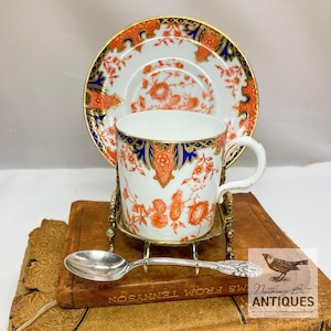 Antique Royal Crown Darby Imari Tea Cup & Saucer, With Brass Stand and Silver Spoon, ca. 1905