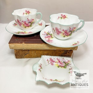 Vintage Shelley Dainty Tea Cup & Saucer Sets With Nut/Bonbon Dish, Blossoms With Pale Teal Pattern, Numbered Set of 5, ca. 1940s - 60s