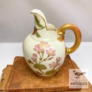 Antique Victorian Royal Worcester Flat Backed Hand Painted Gold Gilded Jug Pitcher, Signed & Numbered 1094, ca. 1880s