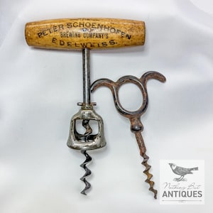 Antique Victorian Advertising Schoenhofen Beer & 3-Finger Cast Iron Corkscrews, Set of 2, ca. 1890 - 1900
