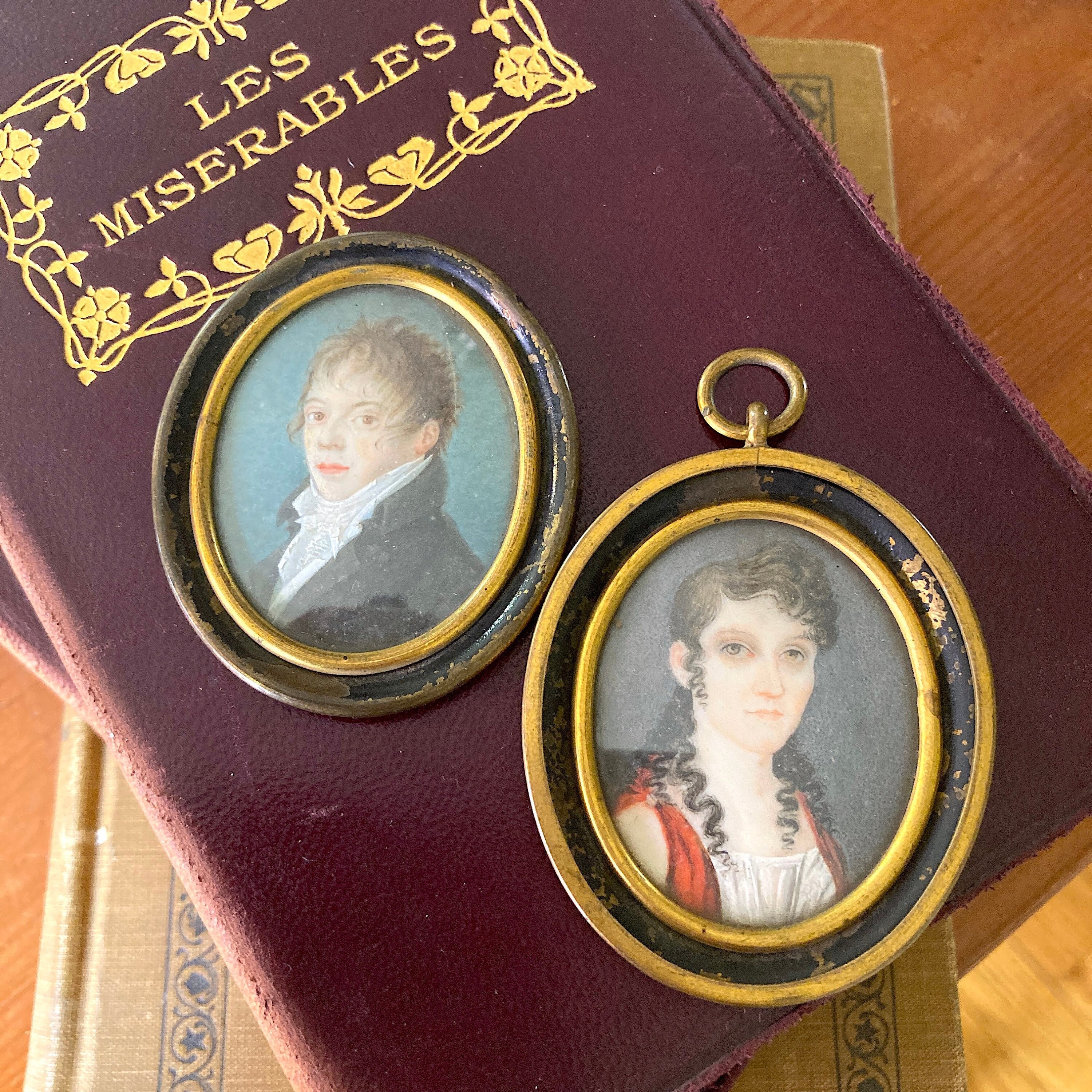 Antique Georgian Portraits, Hand Painted Miniature, German Couple, Metal and Convex Glass Frames, Set of 2, ca. 1820s
