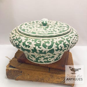 Antique Victorian Covered Bowl Nippon Moriage With Hand Painted Beaded Vine Pattern, ca. 1880 - 1900