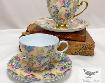 Vintage Shelley Tea Cup & Saucer Sets Summer Glory Pattern, Set of 2, 4 Pieces, ca. 1950s