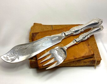 Viktorianisches Antikes Fisch Servier Set Hand ziselierte Versilbert Mit Englischen Marken, ca. Um 1900