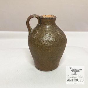 Antique Primitive Salt Glazed Miniature Jug, 19th Century Ovoid Shaped With Cork, ca. 1800