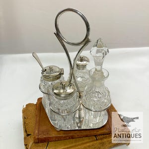 Antique Edwardian Cut Crystal Silver Plated Cruet Set, ca. 1910s
