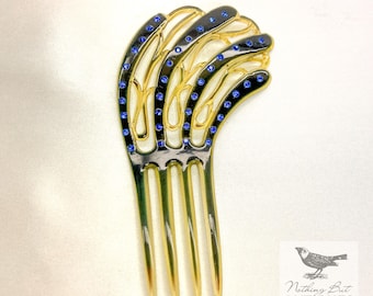 Antique Edwardian Hair Comb, Black Celluloid With Blue Rhinestones, ca. 1900 - 10s