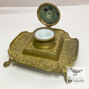 アンティーク ビクトリア朝 アールヌーボー メデューサの頭のインク壺、ガラスインサート付き大型真鍮、1890年頃 - 1910年