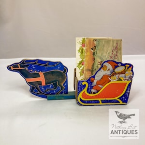 Porte-cartes de Noël ancien traîneau du père Noël avec renne, lithographie RARE en bois et carton avec cartes postales, env. 1950