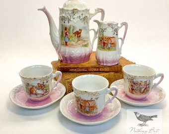 Antieke Edwardiaanse Grimm's Fairy Tales kindertheeset, Duits porselein, set van 5, ca. jaren 1910