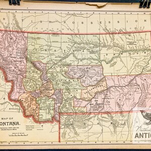 Ancienne carte victorienne du MONTANA, de l'Idaho et du Wyoming, authentique carte de l'atlas recto-verso, env. 1890