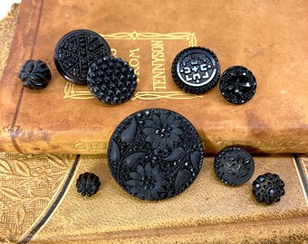 Victorian Antique Mourning French Black Jet Buttons, Set of 9, ca. 1920s