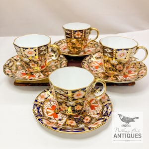 Antique Royal Crown Darby Imari Demitasse Cups & Saucers, Hand Painted Set of 4, ca. 1929