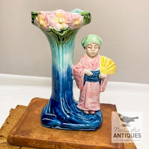 Antique Art Nouveau Majolica Geisha Figural Vase, 5-3/4 in., ca. 1920s