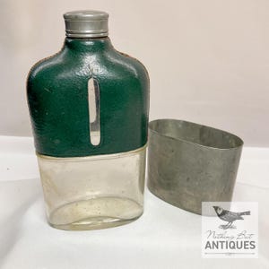 Antique Prohibition Leather & Pewter Whiskey Flask With Cup, ENGLISH Marked, ca. 1920s - 30s