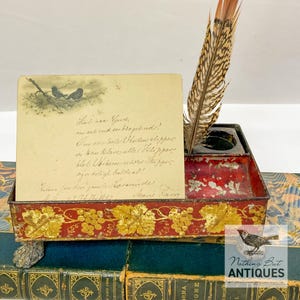 Antique 19th Century Footed Toleware Inkwell & Handwritten 1892 Letter, ca. 1800s
