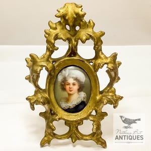 Antique Miniature Portrait of Elisabeth Le Brun, Painted Porcelain In Gilded Wood Rocco Frame, ca. Late 1800s
