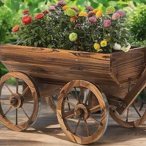 Rustic style flower pot, wooden flower cart, flower pot cart, suitable for outdoor garden decoration, wheelbarrow flower pot, etc.
