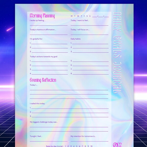 Daily Goals Journal, Gratitude List, Action Lists & Affirmations: 1 Page Digital Download, Printable Planner, Rave /Starseed Design Hologram