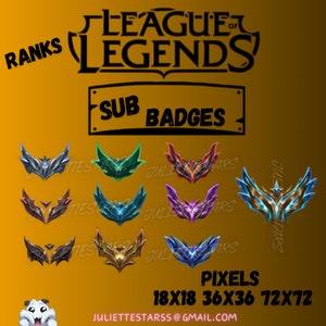 以下が含まれることがあります： リーグ・オブ・レジェンドのサブバッジは、シルバー、グリーン、レッド、イエロー、ブルー、パープル、ゴールドなど、さまざまな色があります。バッジは、翼を広げたスタイリッシュな鳥の形をしています。画像の上部には「RANKS」と「SUB BADGES」のテキストが表示されています。画像の下部には「PIXELS 18X18 36X36 72X72」のテキストが表示されています。