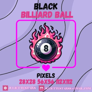 Może przedstawiać: Czarna kula bilardowa z numerem 8 jest w płomieniach różowych płomieni. Obraz zawiera tekst "BLACK BILLIARD BALL" i "PIXELS 28X28 56X56 112X112".