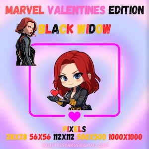 May include: Black Widow, a Marvel superhero, is depicted in a chibi style holding a red heart. The image is titled "MARVEL VALENTINES EDITION BLACK WIDOW" and includes the text "PIXELS 28X28 56X56 112X112 500X500 1000X1000".