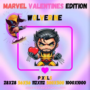 May include: A cartoon image of Wolverine from Marvel Comics holding a red heart. The image is in a pink and yellow frame with the text "MARVEL VALENTINES EDITION" and "WOLVERINE" at the top. The text "PIXELS" is at the bottom with the following sizes: 28X28, 56X56, 112X112, 500X500, 1000×1000.