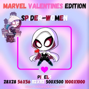 Peut inclure: Une illustration numérique de Spider-Woman dans un costume blanc à capuche tenant un cœur rouge. L'image est sur un fond rose et violet avec le texte "MARVEL VALENTINES EDITION" et "SPIDER-WOMEN" en noir et rouge. Le texte "PIXELS" est sous l'image avec les tailles de pixels suivantes : 28x28, 56x56, 112x112, 500x500, 1000x1000.
